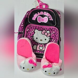 NWT Black and Pink Hello Kitty Backpack with Slippers House Shoes